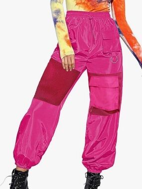 High waisted black hip hop mesh paneled cargo pant jogger elastic waist and hem